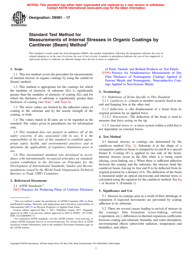 ASTM D6991-17 - Standard Test Method for Measurements of Internal Stresses in Organic Coatings by Cantilever    (Beam) Method