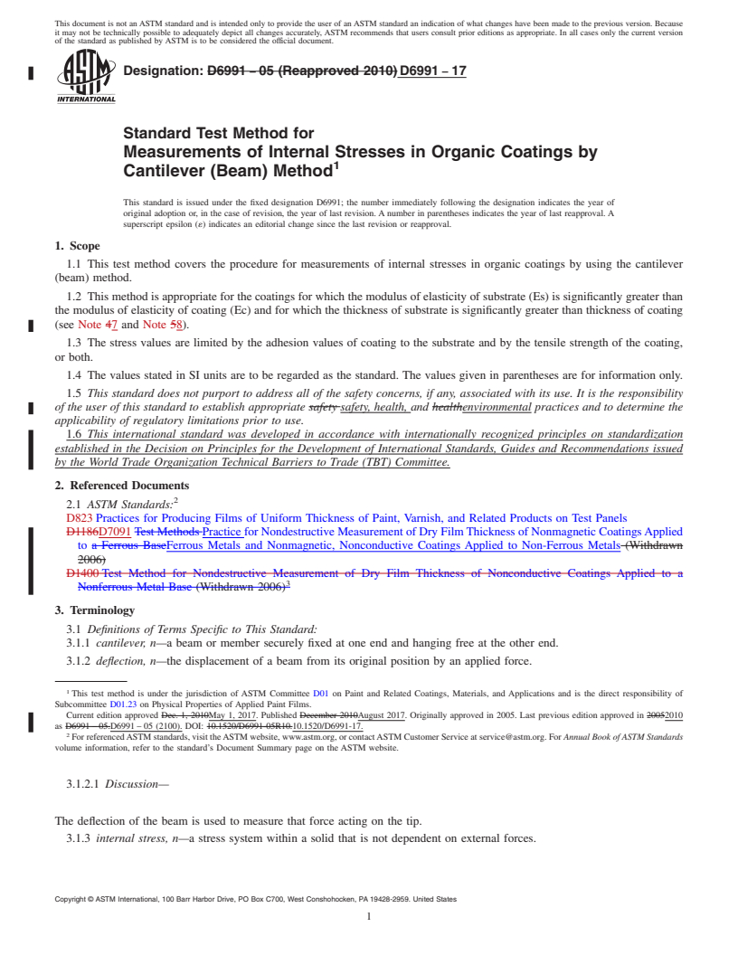 REDLINE ASTM D6991-17 - Standard Test Method for Measurements of Internal Stresses in Organic Coatings by Cantilever    (Beam) Method