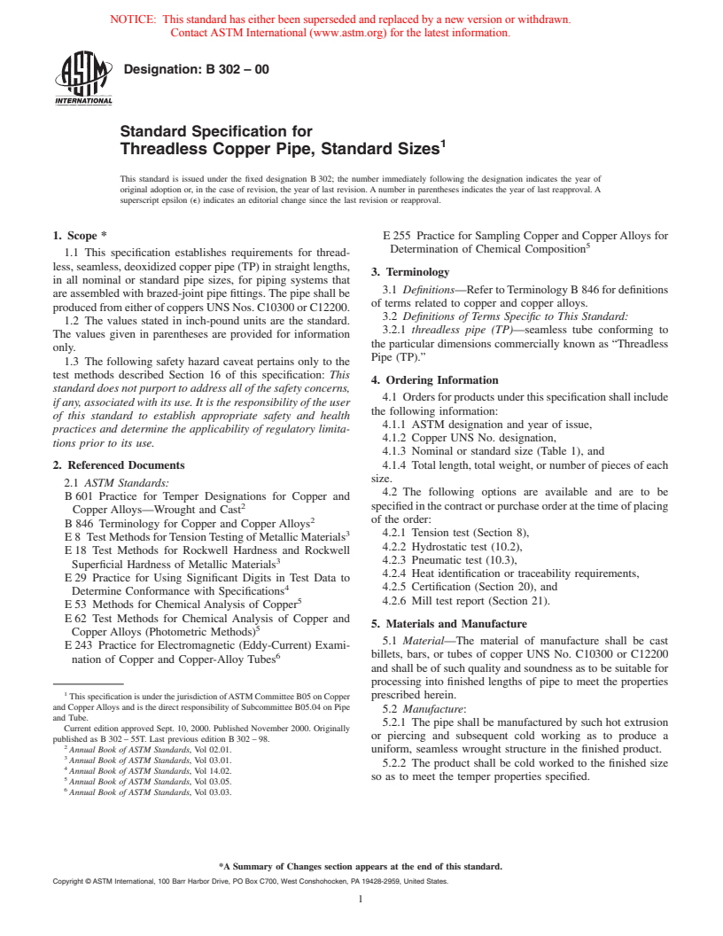 ASTM B302-00 - Standard Specification For Threadless Copper Pipe ...