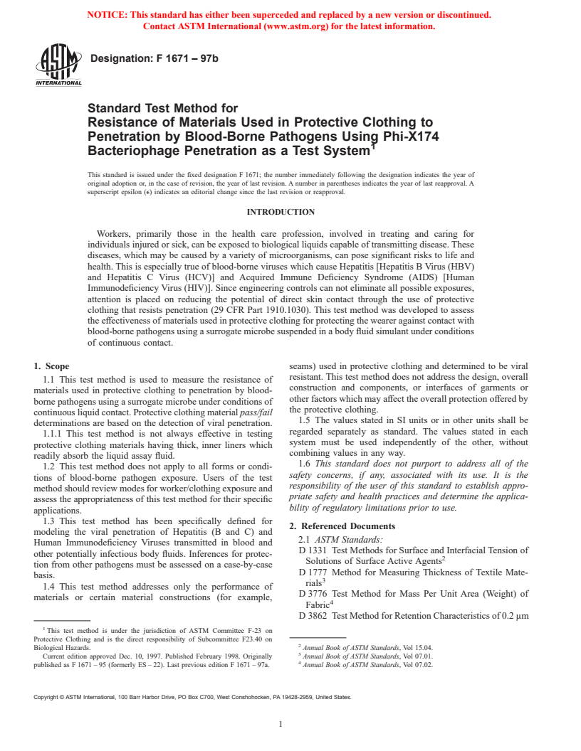 ASTM F1671-97b - Standard Test Method for Resistance of Materials Used in Protective Clothing to Penetration by Blood-Borne Pathogens Using Phi-X174 Bacteriophage Penetration as a Test System