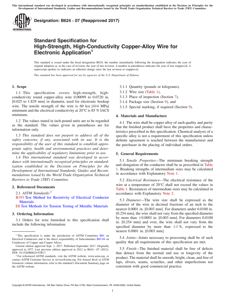 ASTM B624-07(2017) - Standard Specification for High-Strength, High-Conductivity Copper-Alloy Wire for Electronic  Application