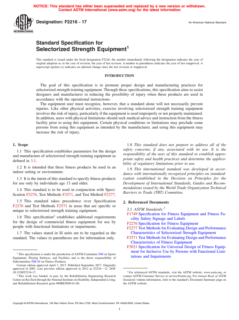 ASTM F2216-17 - Standard Specification for Selectorized Strength Equipment