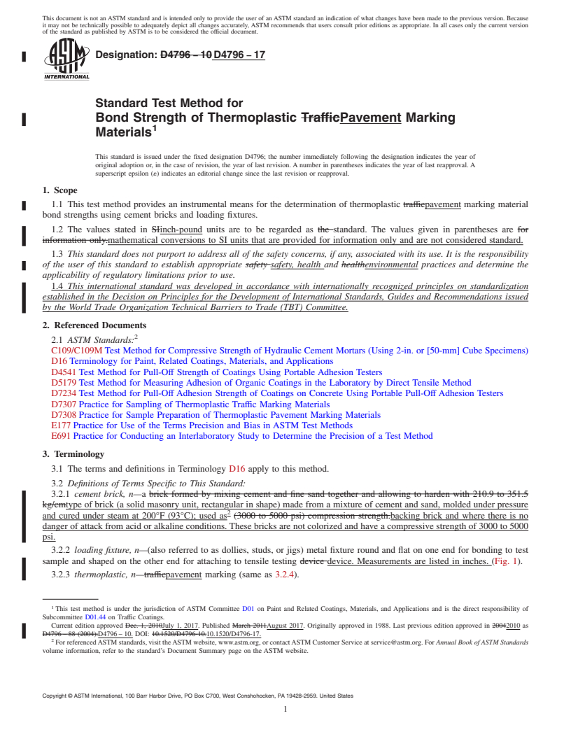 REDLINE ASTM D4796-17 - Standard Test Method for Bond Strength of Thermoplastic Pavement Marking Materials