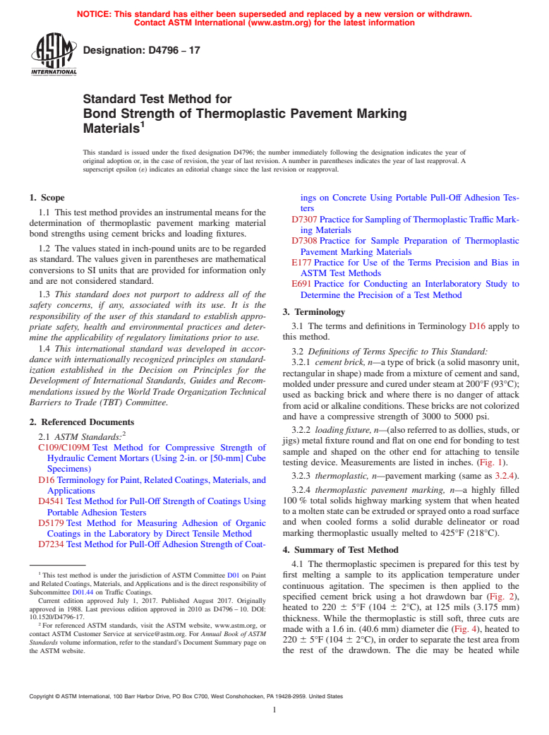 ASTM D4796-17 - Standard Test Method for Bond Strength of Thermoplastic Pavement Marking Materials