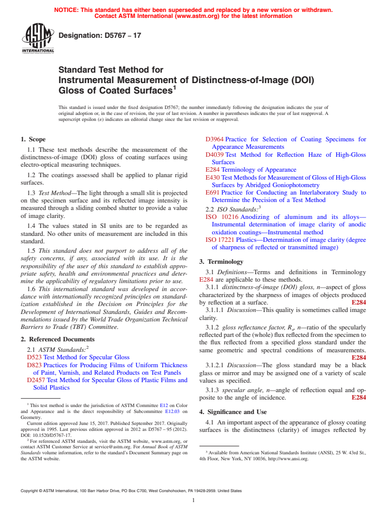 ASTM D5767-17 - Standard Test Method for Instrumental Measurement of Distinctness-of-Image (DOI) Gloss  of  Coated   Surfaces