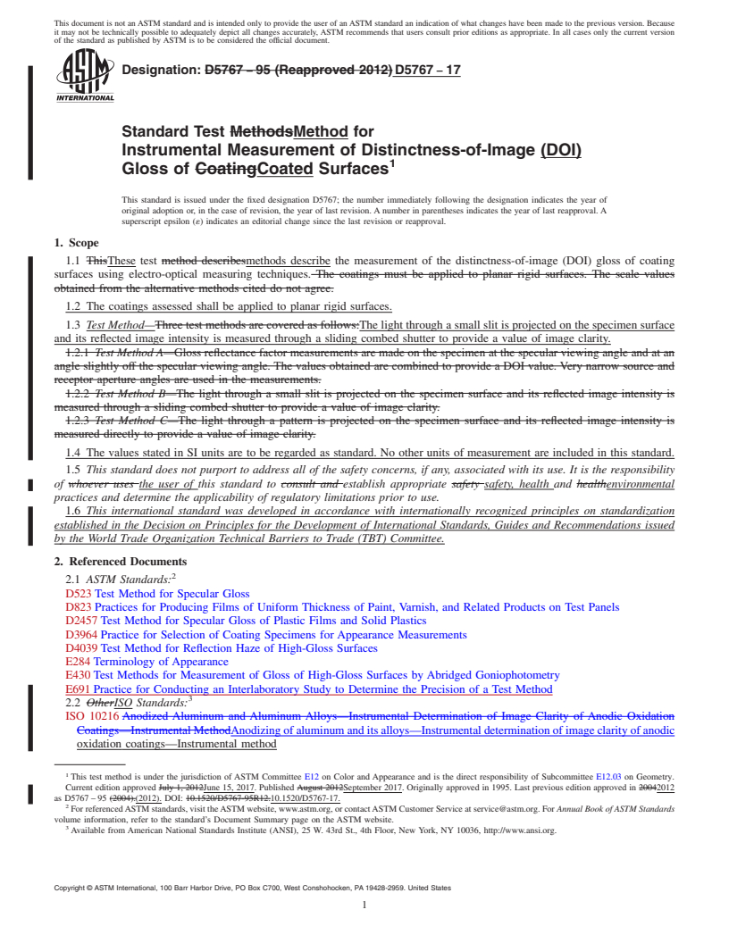 REDLINE ASTM D5767-17 - Standard Test Method for Instrumental Measurement of Distinctness-of-Image (DOI) Gloss  of  Coated   Surfaces