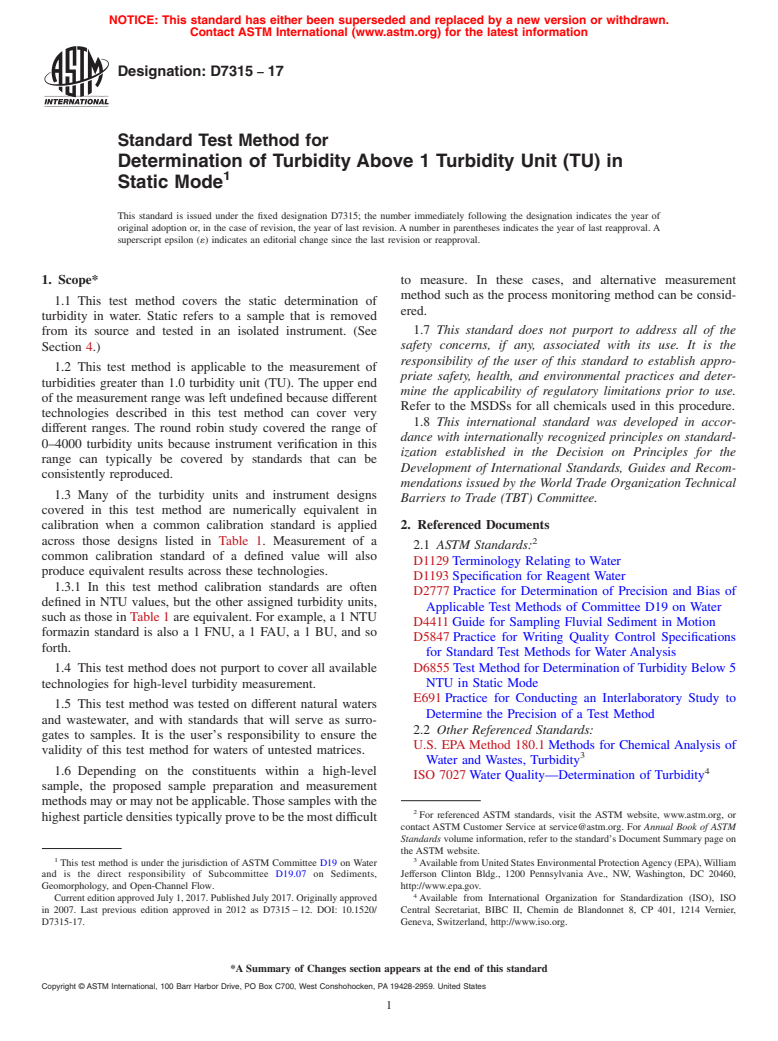ASTM D7315-17 - Standard Test Method for  Determination of Turbidity Above 1 Turbidity Unit (TU) in Static  Mode