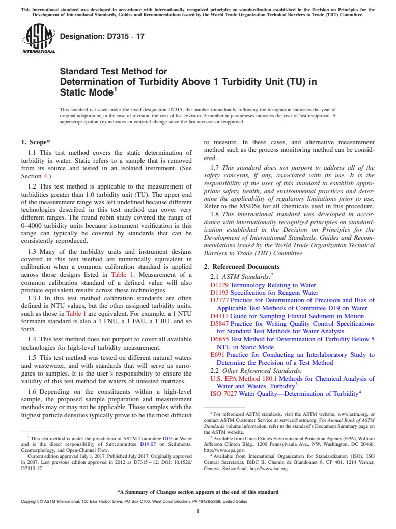 ASTM D7315-17 - Standard Test Method for  Determination of Turbidity Above 1 Turbidity Unit (TU) in Static  Mode