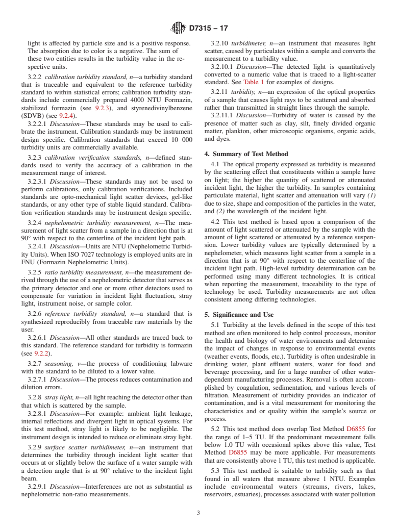 ASTM D7315-17 - Standard Test Method for  Determination of Turbidity Above 1 Turbidity Unit (TU) in Static  Mode