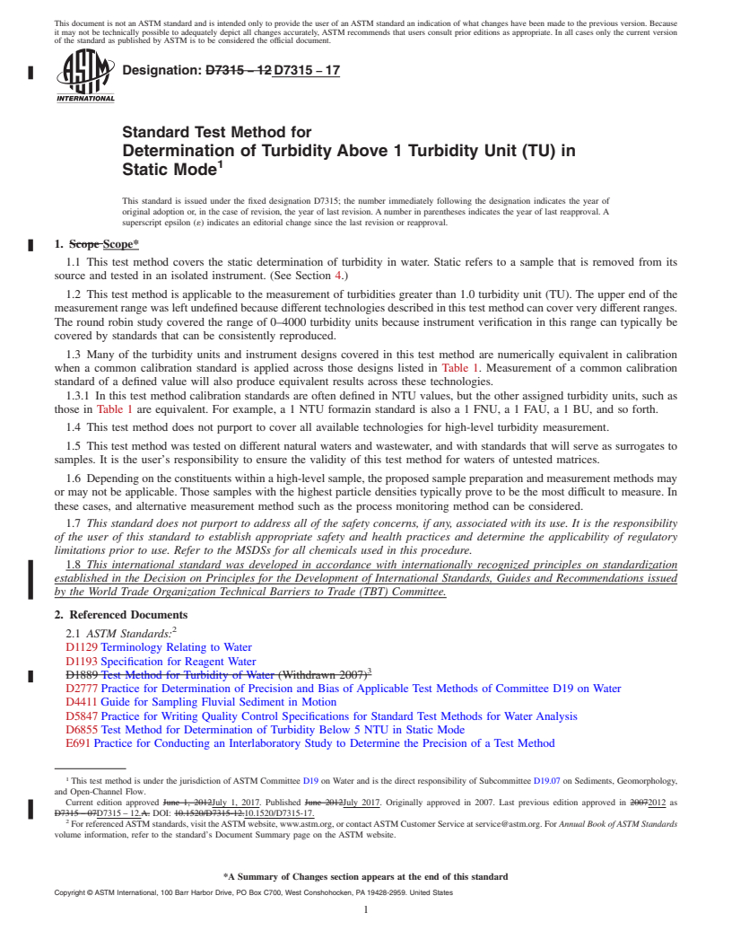 REDLINE ASTM D7315-17 - Standard Test Method for  Determination of Turbidity Above 1 Turbidity Unit (TU) in Static  Mode