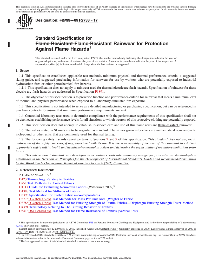 REDLINE ASTM F2733-17 - Standard Specification for  Flame-Resistant Rainwear for Protection Against Flame Hazards