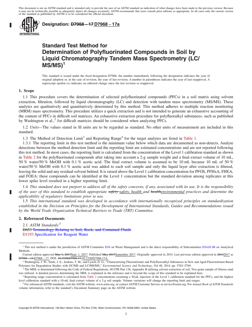 REDLINE ASTM D7968-17a - Standard Test Method for Determination of Polyfluorinated Compounds in Soil by Liquid  Chromatography Tandem Mass Spectrometry (LC/MS/MS)