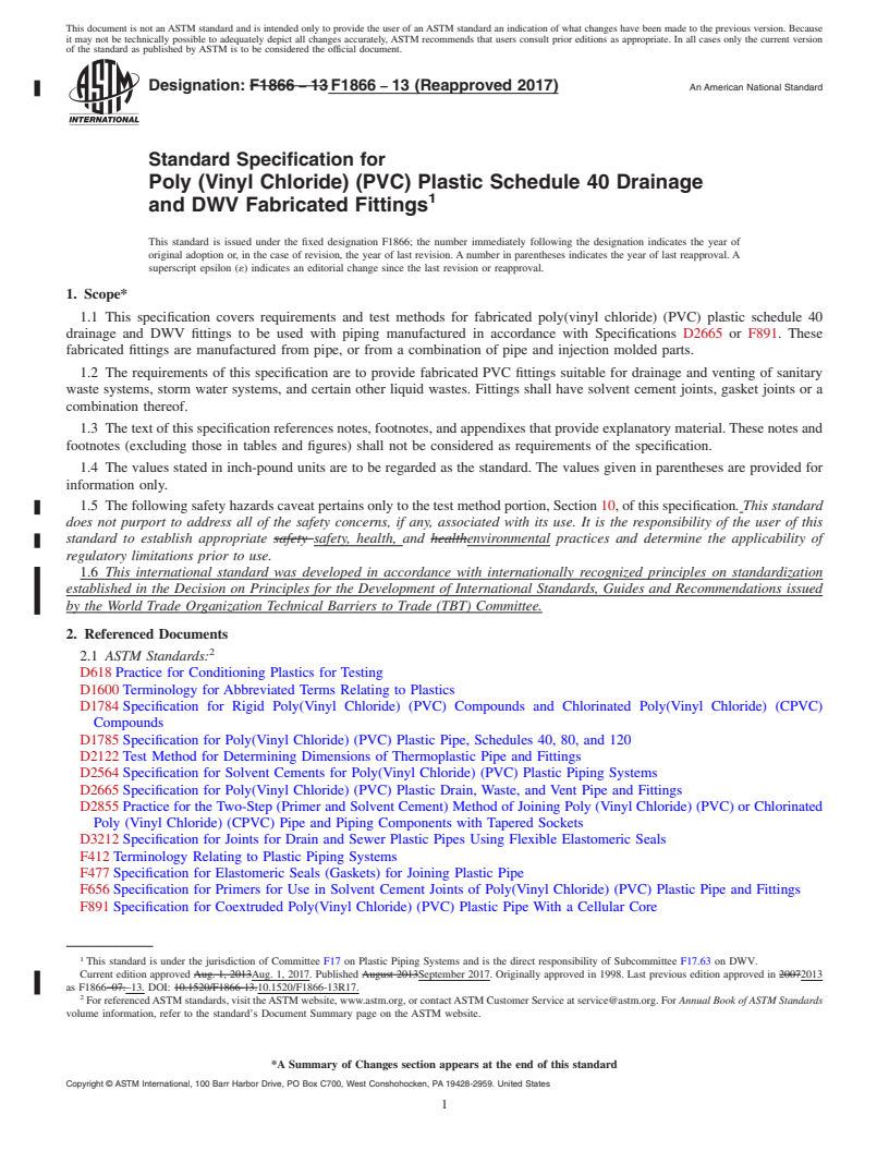 REDLINE ASTM F1866-13(2017) - Standard Specification for  Poly (Vinyl Chloride) (PVC) Plastic Schedule 40 Drainage and   DWV Fabricated Fittings