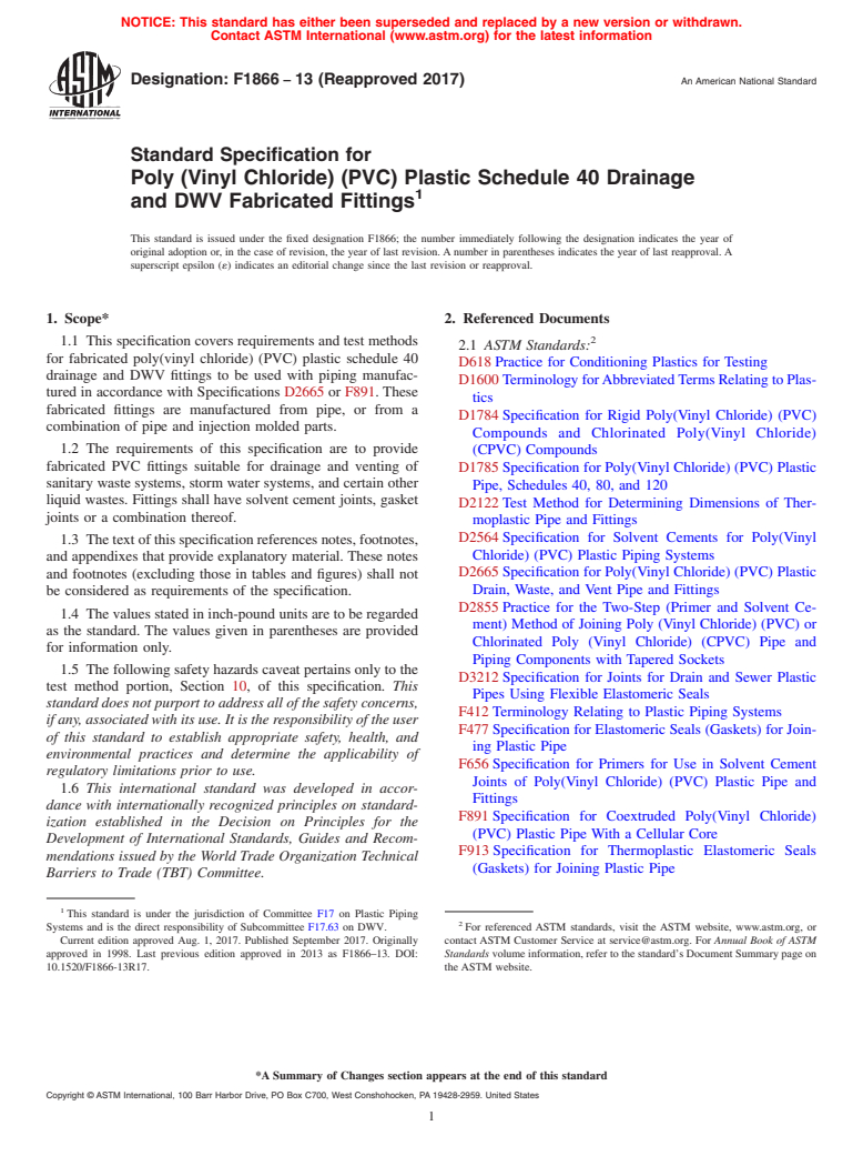 ASTM F1866-13(2017) - Standard Specification for  Poly (Vinyl Chloride) (PVC) Plastic Schedule 40 Drainage and   DWV Fabricated Fittings