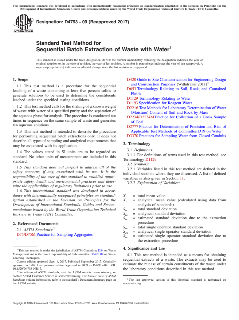 ASTM D4793-09(2017) - Standard Test Method for  Sequential Batch Extraction of Waste with Water