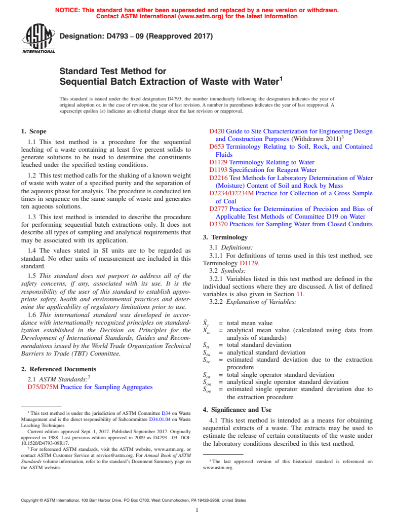 ASTM D4793-09(2017) - Standard Test Method for  Sequential Batch Extraction of Waste with Water