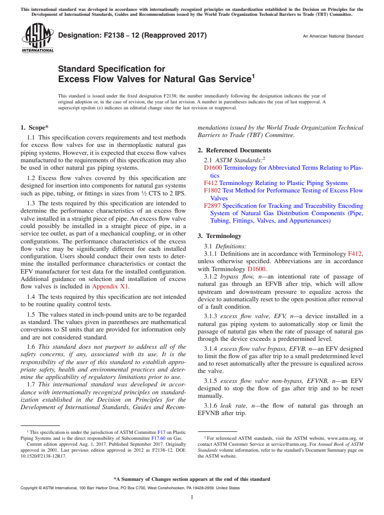 ASTM F2138-12(2017) - Standard Specification for Excess Flow Valves for Natural Gas Service