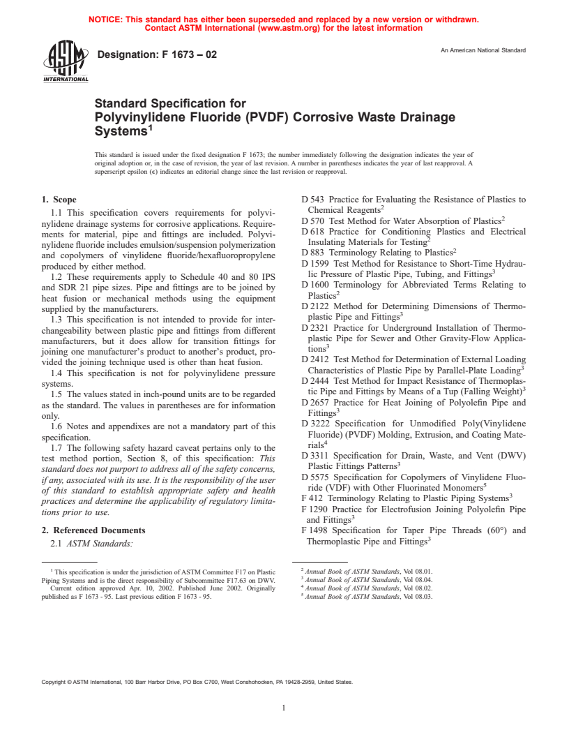 ASTM F1673-02 - Standard Specification for Polyvinylidene Fluoride (PVDF) Corrosive Waste Drainage Systems