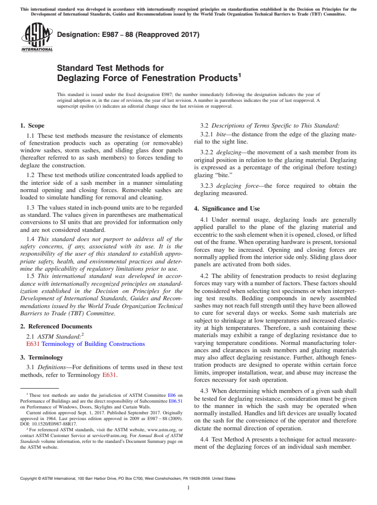 ASTM E987-88(2017) - Standard Test Methods for Deglazing Force of Fenestration Products