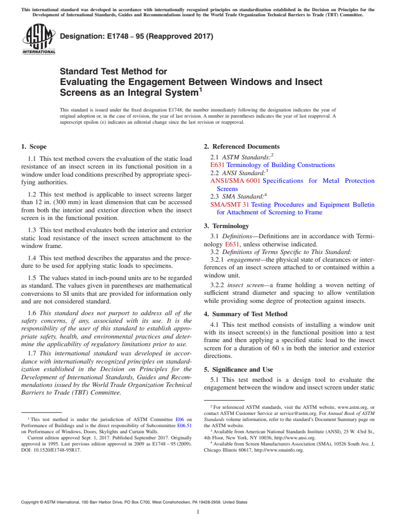 ASTM E1748-95(2017) - Standard Test Method for Evaluating the Engagement Between Windows and Insect Screens  as an Integral System