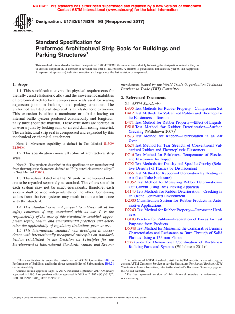 ASTM E1783/E1783M-96(2017) - Standard Specification for Preformed Architectural Strip Seals for Buildings and Parking  Structures