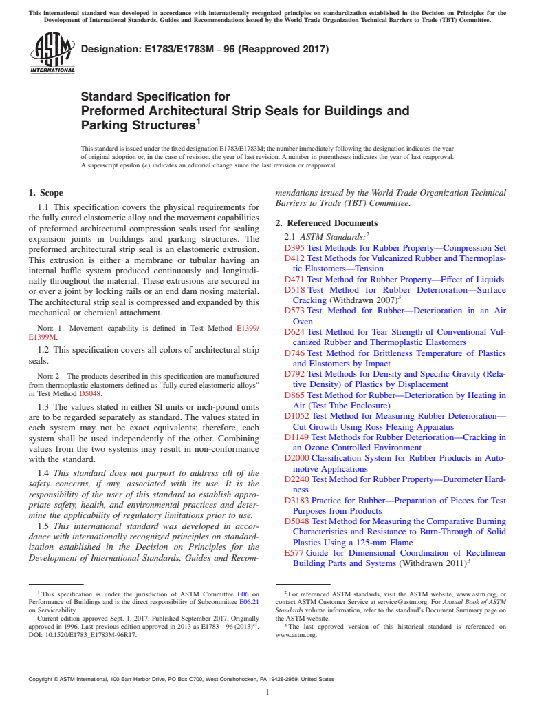 ASTM E1783/E1783M-96(2017) - Standard Specification for Preformed Architectural Strip Seals for Buildings and Parking  Structures