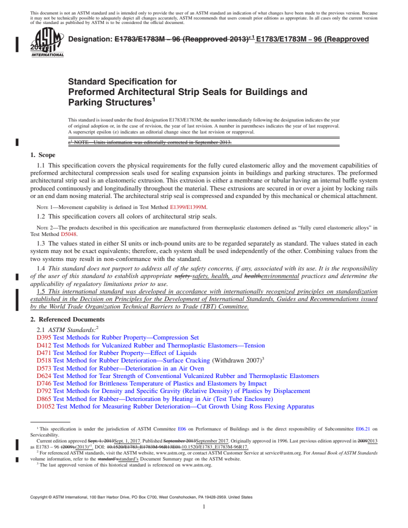 REDLINE ASTM E1783/E1783M-96(2017) - Standard Specification for Preformed Architectural Strip Seals for Buildings and Parking  Structures