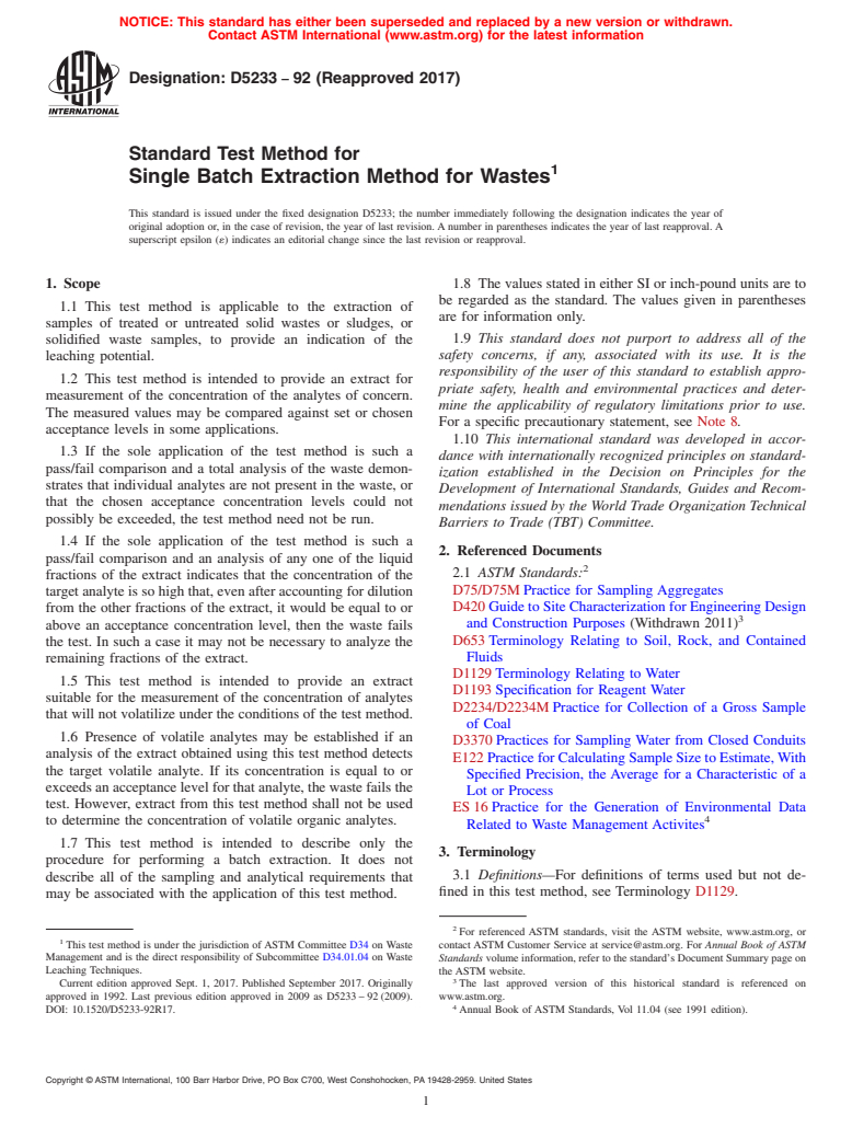 ASTM D5233-92(2017) - Standard Test Method for  Single Batch Extraction Method for Wastes