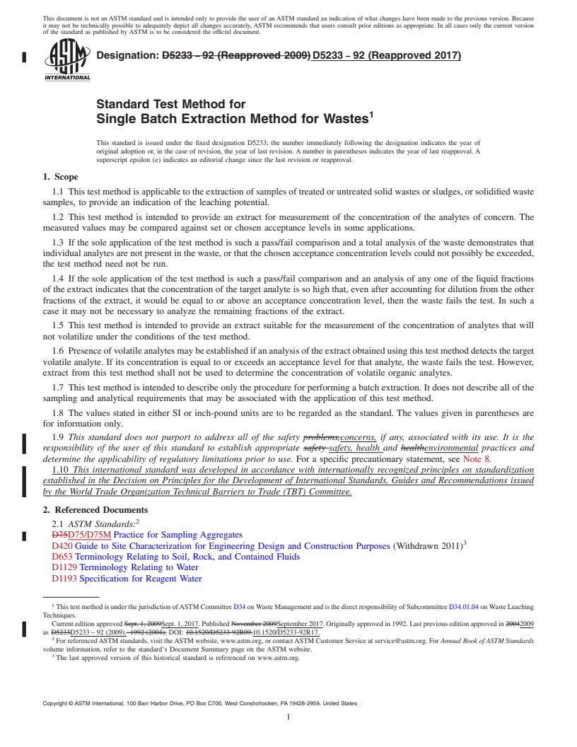 REDLINE ASTM D5233-92(2017) - Standard Test Method for  Single Batch Extraction Method for Wastes