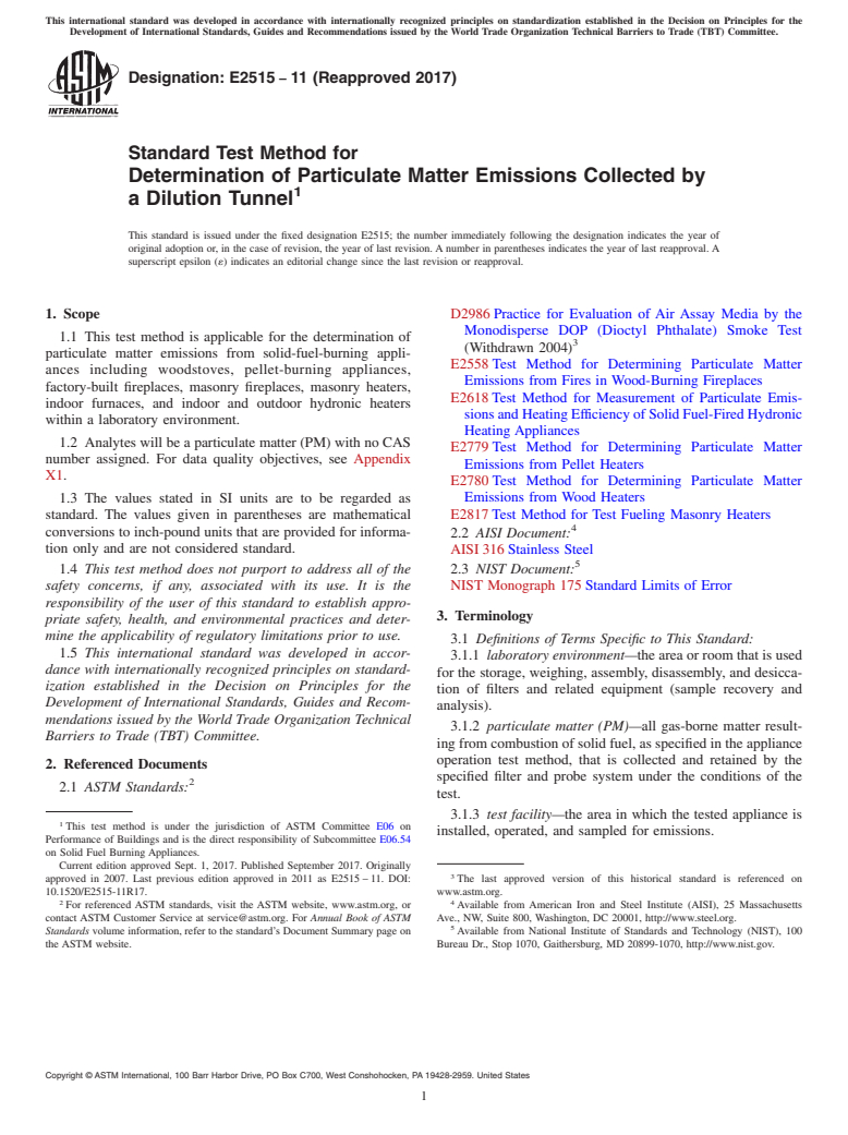 ASTM E2515-11(2017) - Standard Test Method for Determination of Particulate Matter Emissions Collected by  a Dilution Tunnel