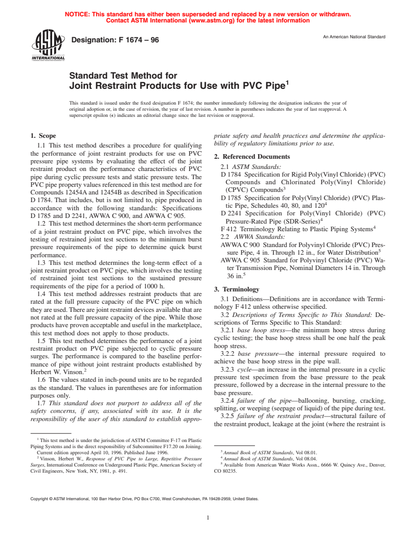 ASTM F1674-96 - Standard Test Method for Joint Restraint Products for Use with PVC Pipe