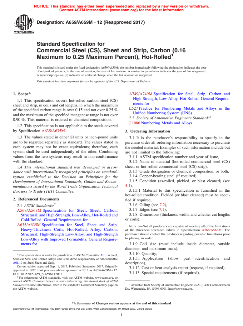 ASTM A659/A659M-12(2017) - Standard Specification for  Commercial Steel (CS), Sheet and Strip, Carbon (0.16 Maximum  to 0.25 Maximum Percent), Hot-Rolled