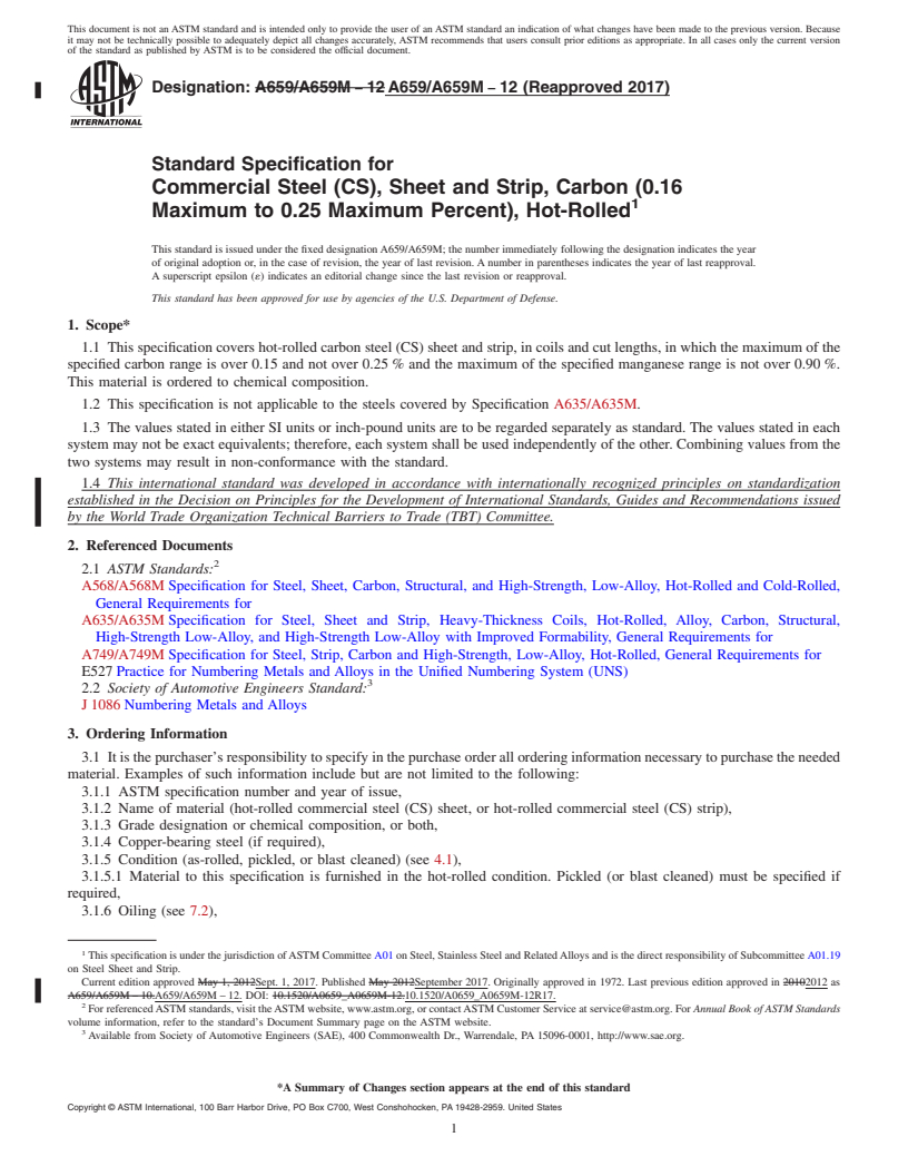 REDLINE ASTM A659/A659M-12(2017) - Standard Specification for  Commercial Steel (CS), Sheet and Strip, Carbon (0.16 Maximum  to 0.25 Maximum Percent), Hot-Rolled