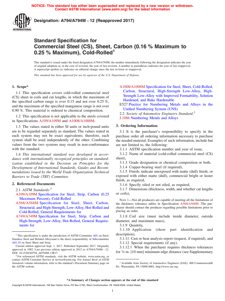 ASTM A794/A794M-12(2017) - Standard Specification for  Commercial Steel (CS), Sheet, Carbon (0.16&#x2009;% Maximum  to 0.25&#x2009;% Maximum), Cold-Rolled