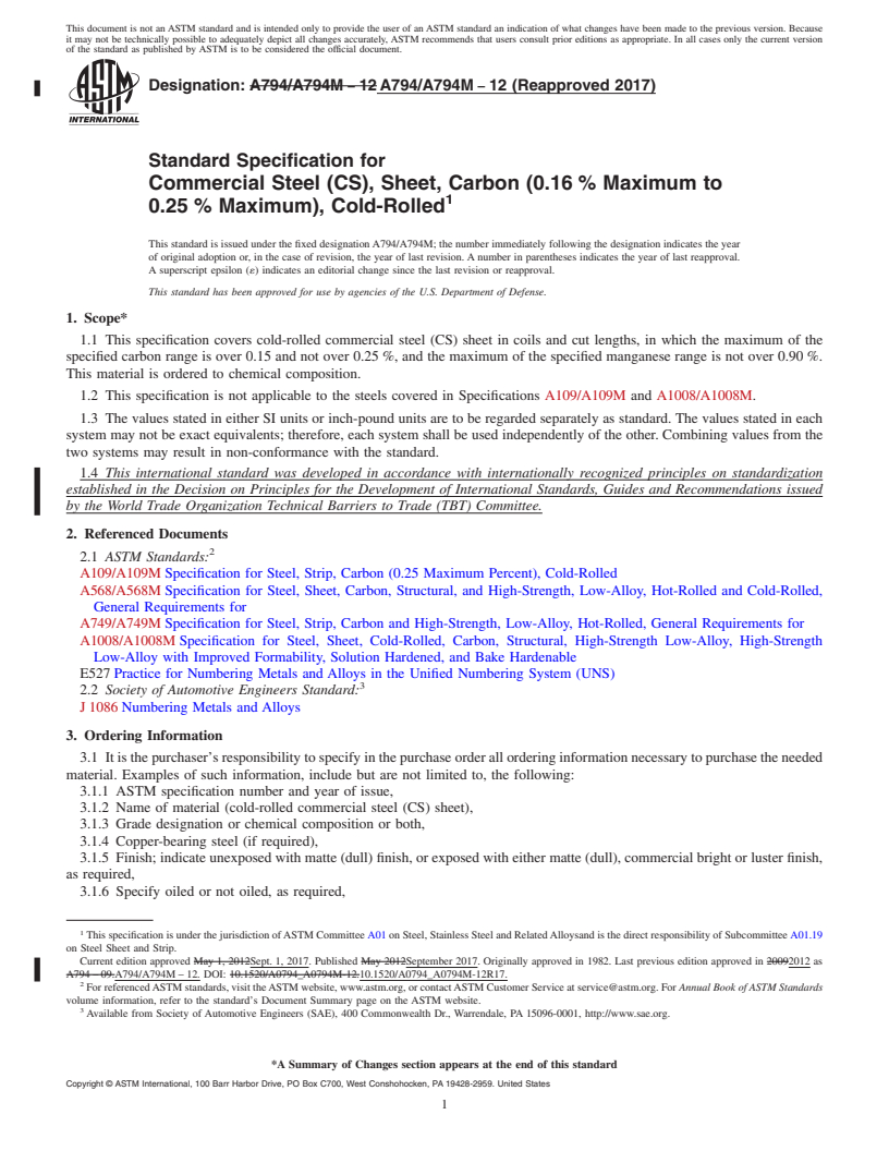 REDLINE ASTM A794/A794M-12(2017) - Standard Specification for  Commercial Steel (CS), Sheet, Carbon (0.16&#x2009;% Maximum  to 0.25&#x2009;% Maximum), Cold-Rolled