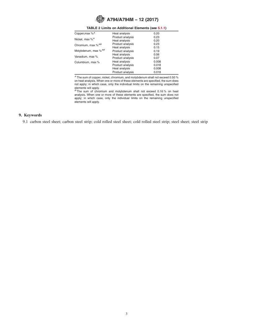 REDLINE ASTM A794/A794M-12(2017) - Standard Specification for  Commercial Steel (CS), Sheet, Carbon (0.16&#x2009;% Maximum  to 0.25&#x2009;% Maximum), Cold-Rolled