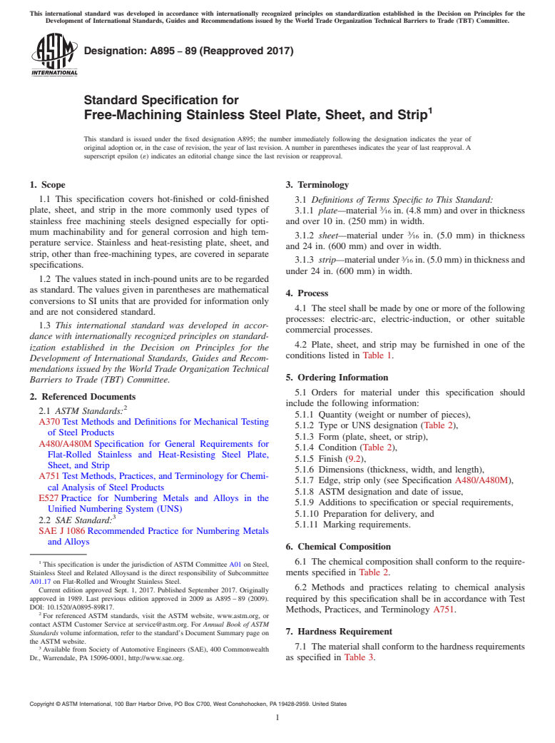 ASTM A895-89(2017) - Standard Specification for  Free-Machining Stainless Steel Plate, Sheet, and Strip