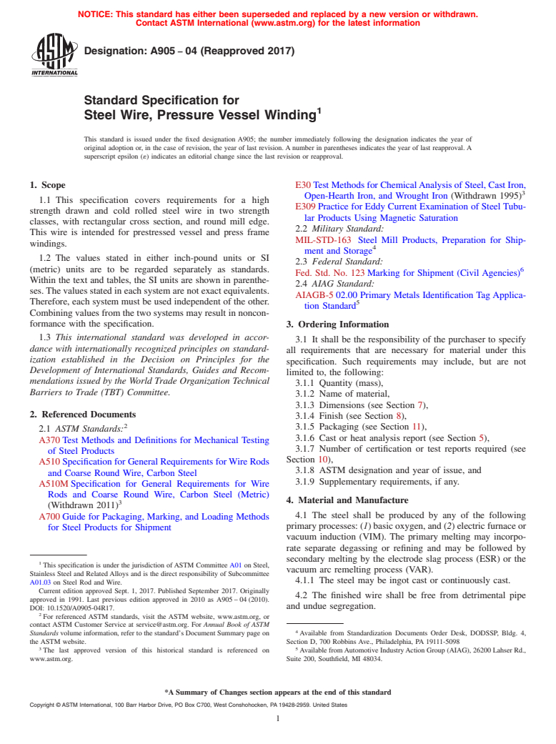 ASTM A905-04(2017) - Standard Specification for  Steel Wire, Pressure Vessel Winding