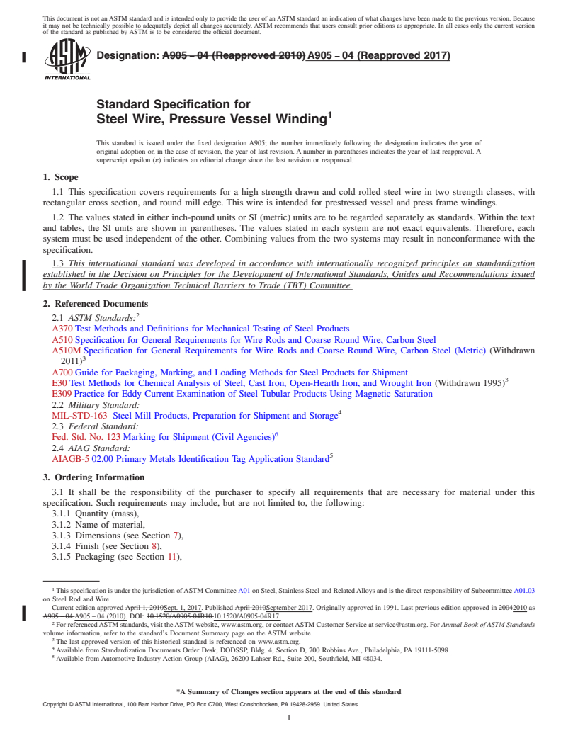 REDLINE ASTM A905-04(2017) - Standard Specification for  Steel Wire, Pressure Vessel Winding