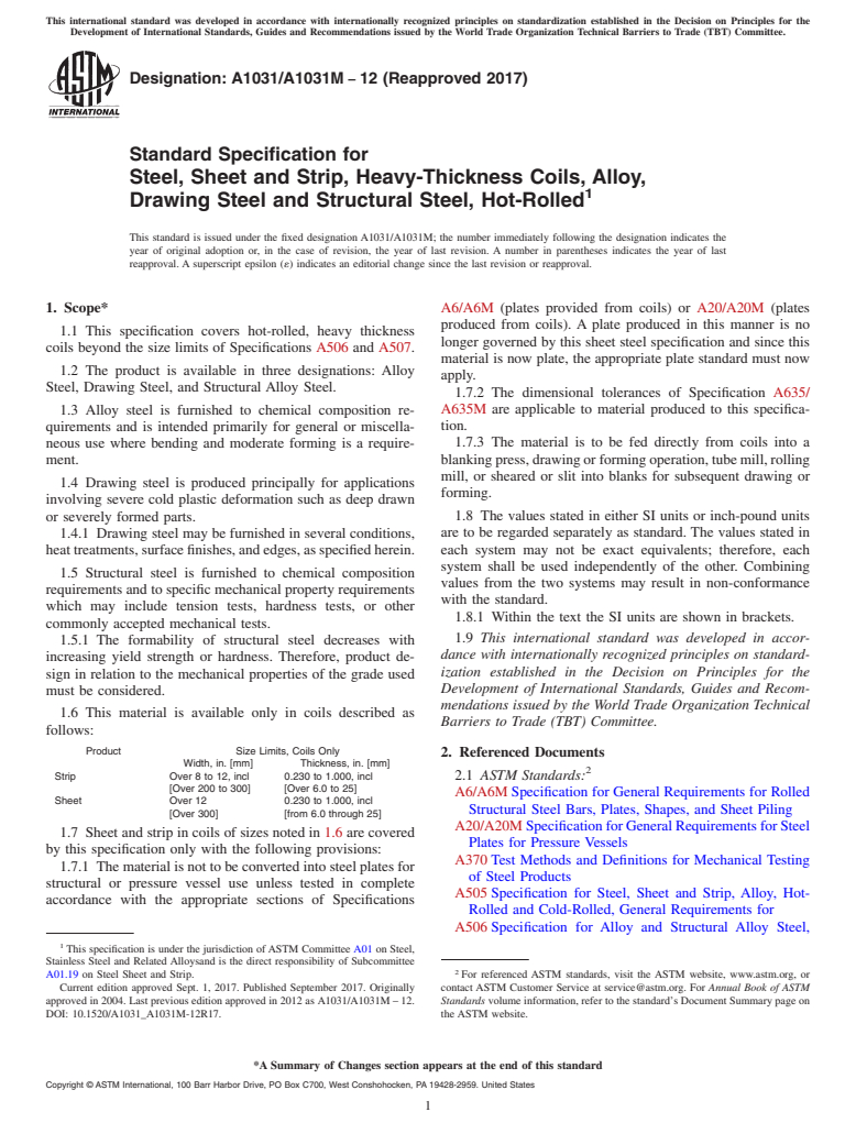 ASTM A1031/A1031M-12(2017) - Standard Specification for  Steel, Sheet and Strip, Heavy-Thickness Coils, Alloy, Drawing  Steel and Structural Steel, Hot-Rolled