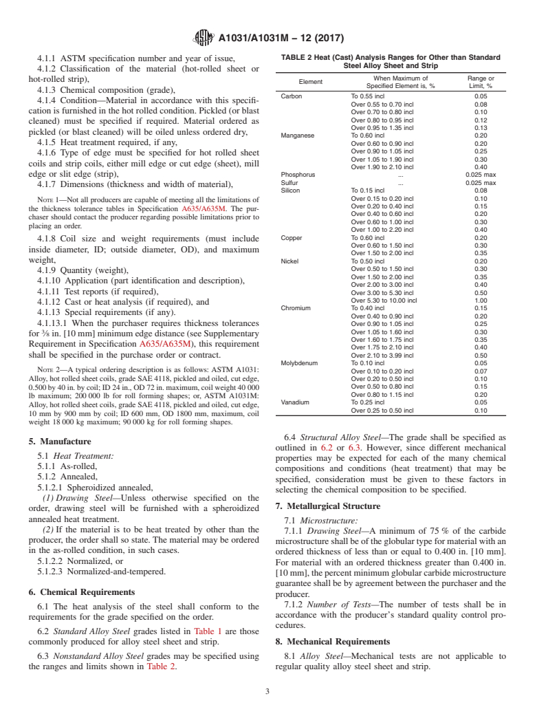 ASTM A1031/A1031M-12(2017) - Standard Specification for  Steel, Sheet and Strip, Heavy-Thickness Coils, Alloy, Drawing  Steel and Structural Steel, Hot-Rolled