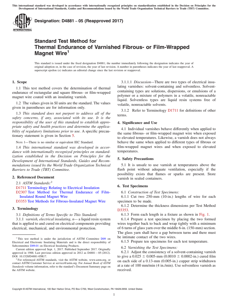 ASTM D4881-05(2017) - Standard Test Method for  Thermal Endurance of Varnished Fibrous- or Film-Wrapped Magnet   Wire