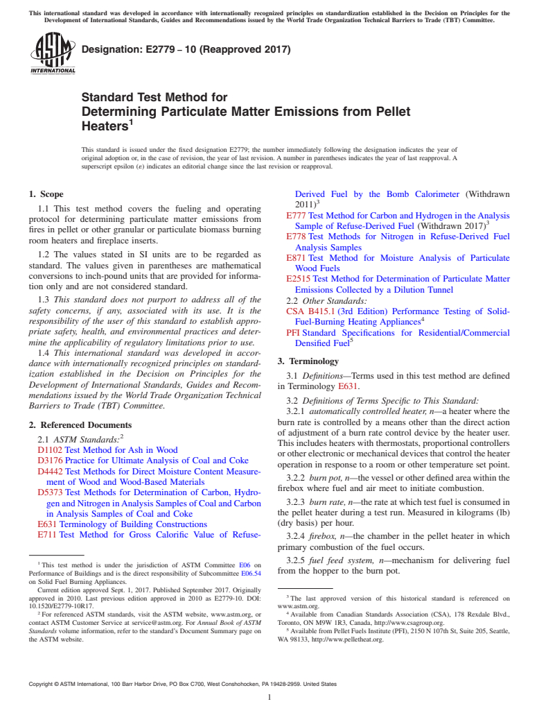 ASTM E2779-10(2017) - Standard Test Method for Determining Particulate Matter Emissions from Pellet Heaters