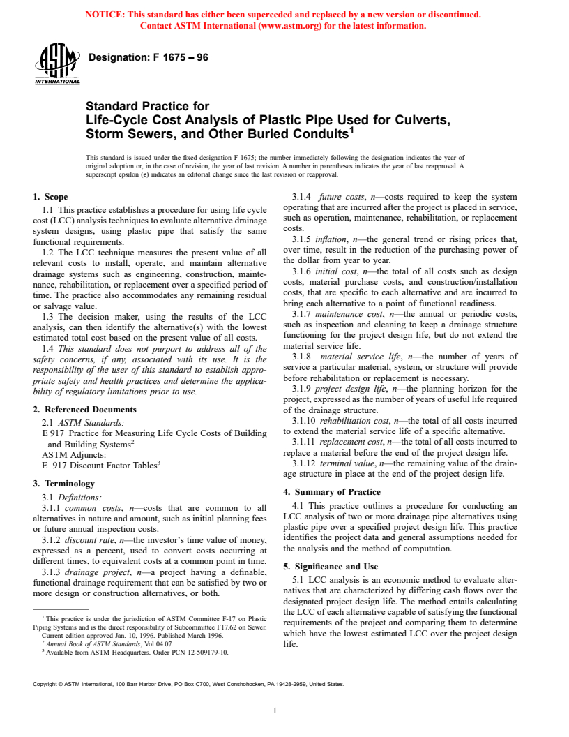 ASTM F1675-96 - Standard Practice for Life-Cycle Cost Analysis of Plastic Pipe Used for Culverts, Storm Sewers, and Other Buried Conduits