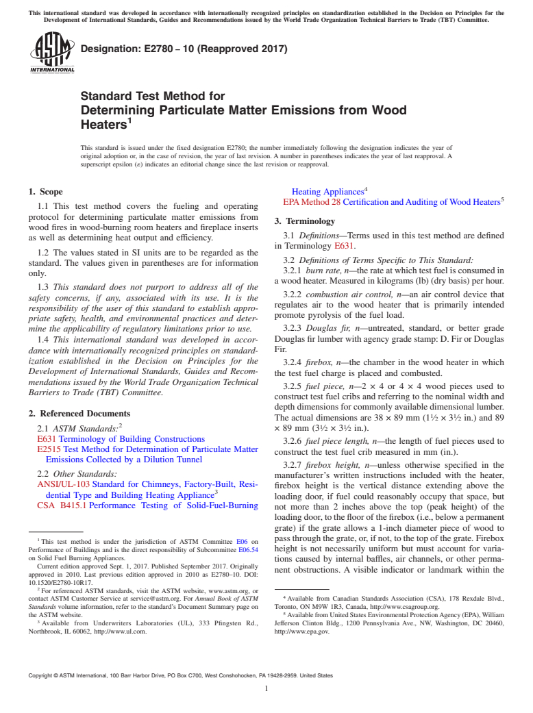 ASTM E2780-10(2017) - Standard Test Method for Determining Particulate Matter Emissions from Wood Heaters