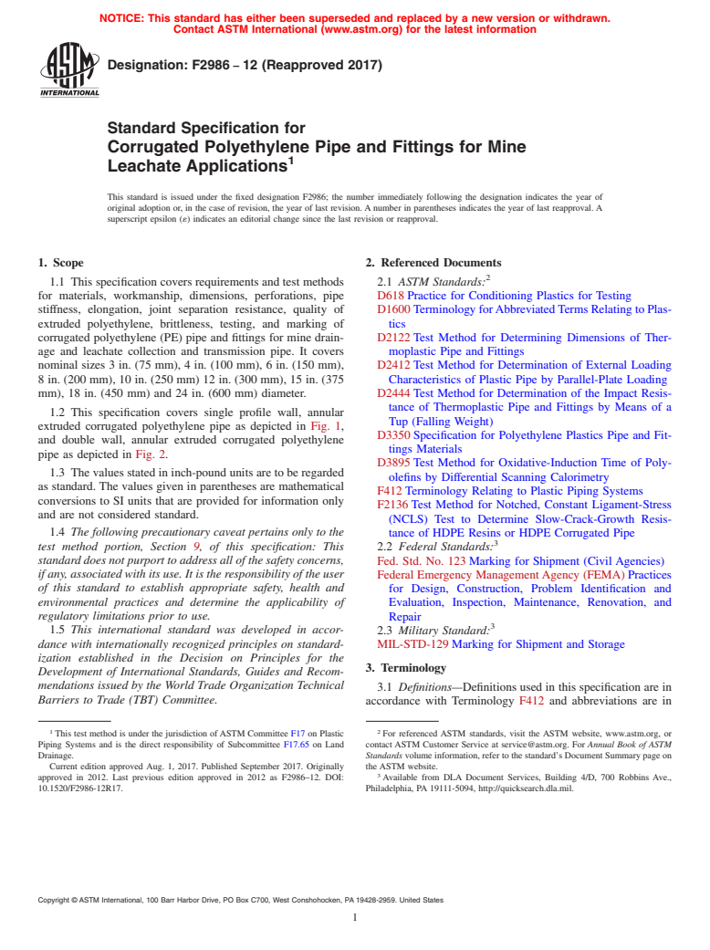 ASTM F2986-12(2017) - Standard Specification for Corrugated Polyethylene Pipe and Fittings for Mine Leachate  Applications