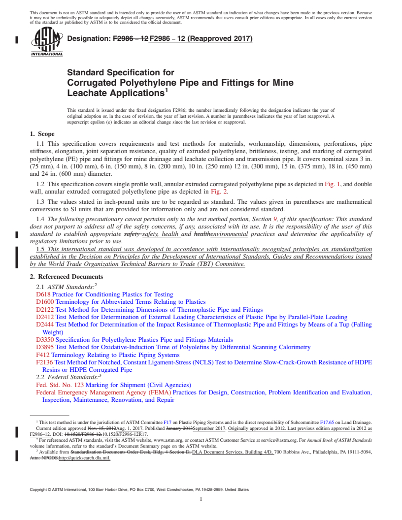 REDLINE ASTM F2986-12(2017) - Standard Specification for Corrugated Polyethylene Pipe and Fittings for Mine Leachate  Applications