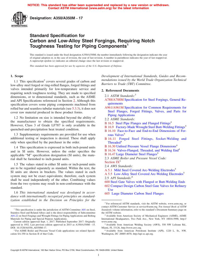 ASTM A350/A350M-17 - Standard Specification for  Carbon and Low-Alloy Steel Forgings, Requiring Notch Toughness   Testing for Piping Components