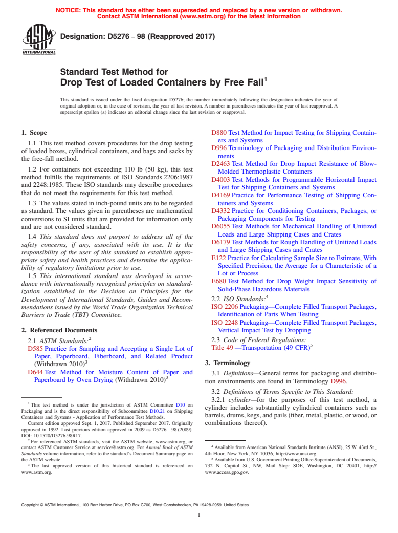 ASTM D5276-98(2017) - Standard Test Method for  Drop Test of Loaded Containers by Free Fall