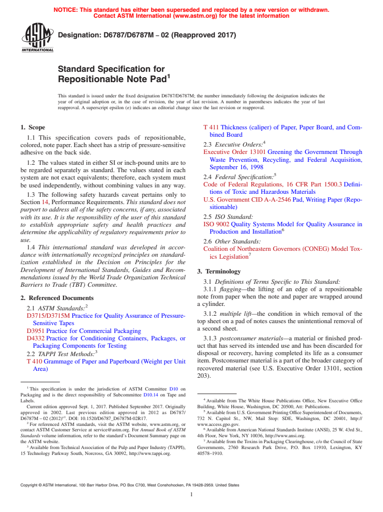 ASTM D6787/D6787M-02(2017) - Standard Specification for  Repositionable Note Pad